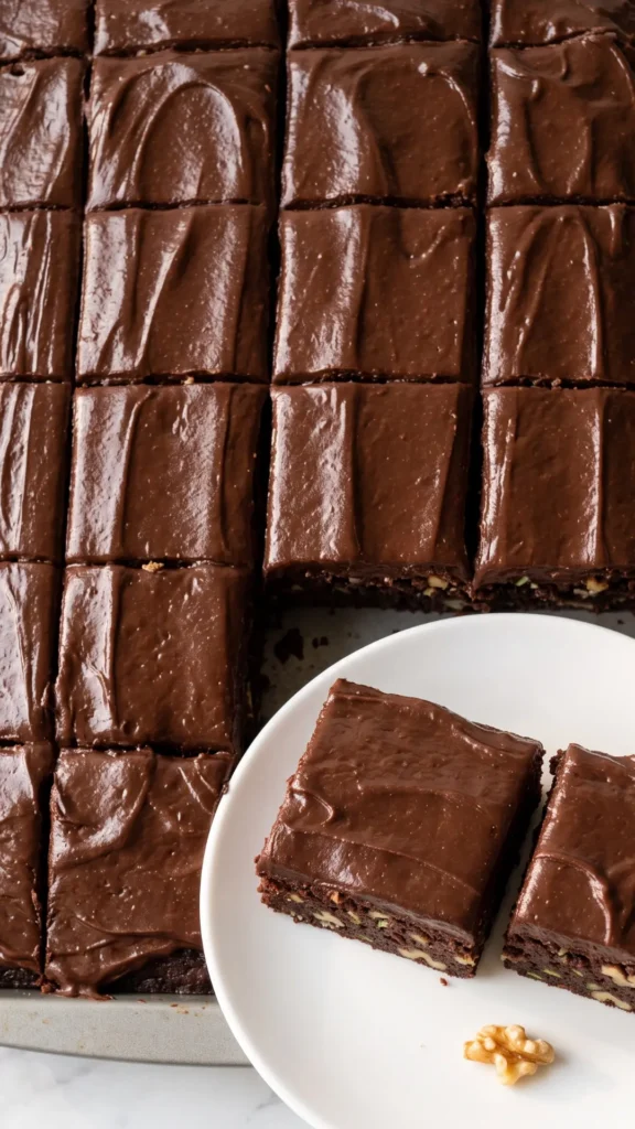 Nahaufnahme der Zucchini Brownies — dichte Textur des Schokofrostings und feuchter Schokoladenteig