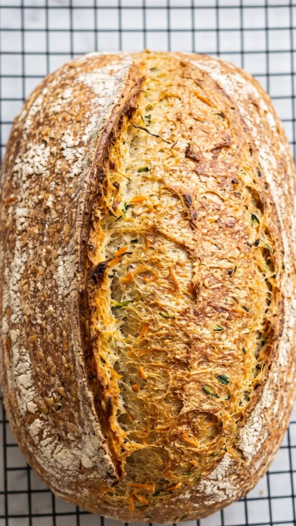 Nahaufnahme der Kruste des Zucchini-Karottenbrots — knusprige Textur mit Karotten- und Zucchiniflecken