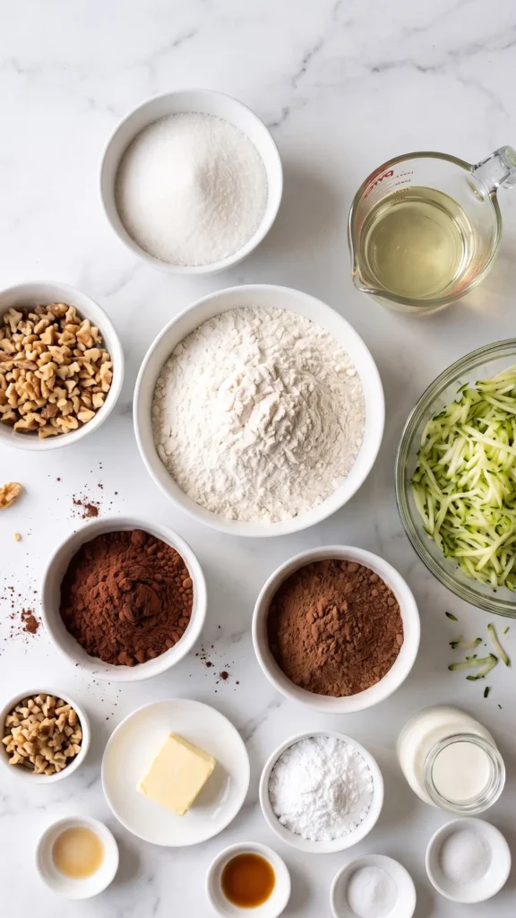 Zutaten für Saftige Zucchini Brownies: Weizenmehl, frisch geraspelte Zucchini, Kakaopulver, Zucker, Pflanzenöl und Walnüsse