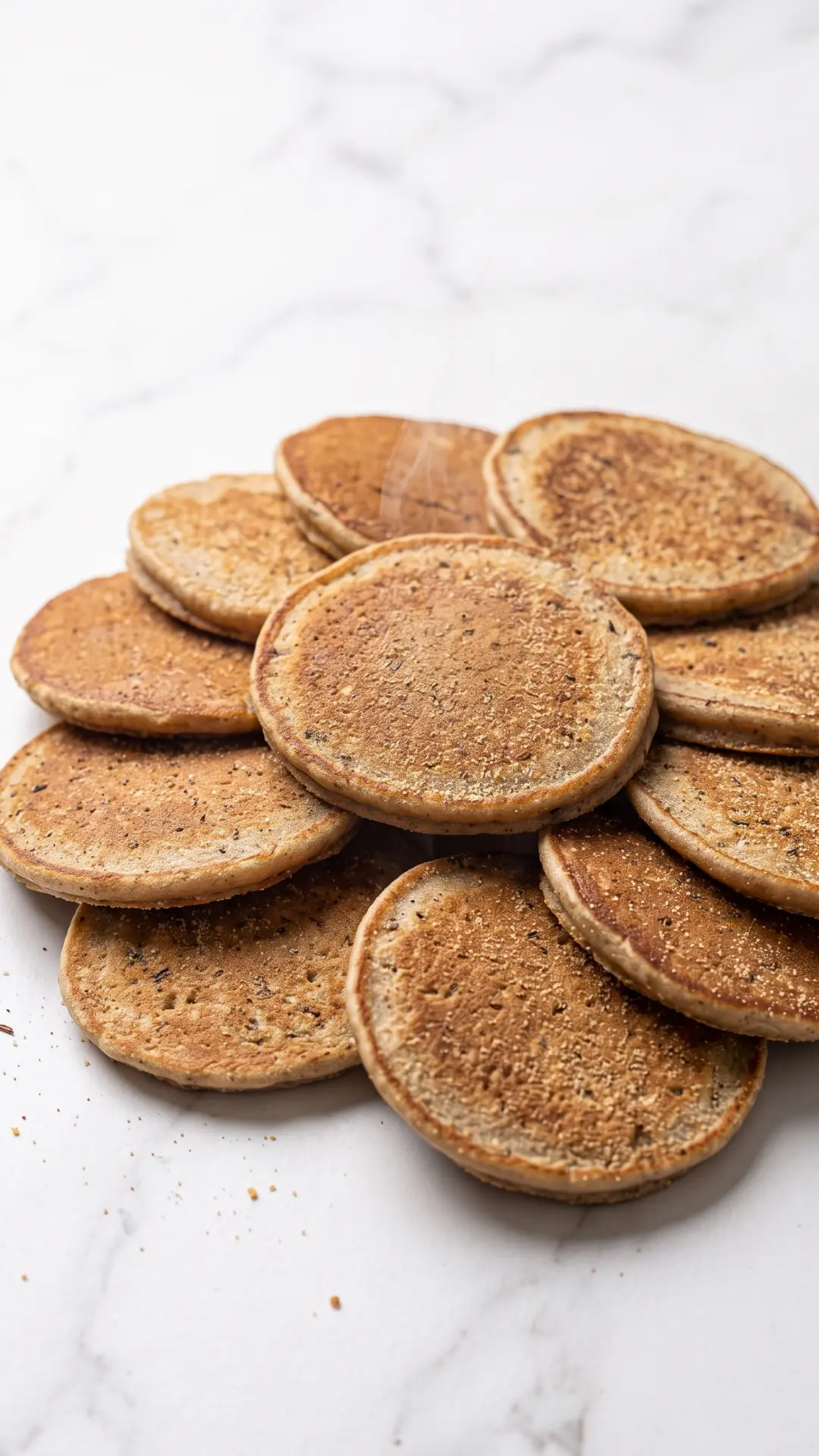 Roggen-Sauerteig-Pancakes serviert mit Espresso — ein geschnittener Pancake präsentiert das watteweiche, softe Innere.