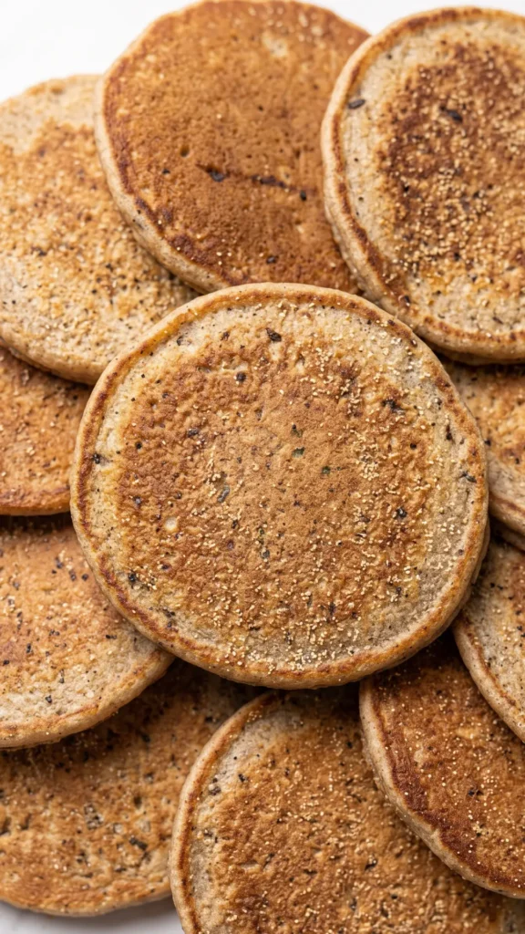 Nahaufnahme von Roggen-Sauerteig-Pancakes — feine Oberflächenstruktur der krossen Fladen mit zarten Pfannenspuren.