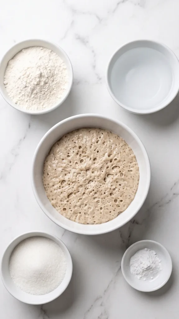 Zutaten für Roggen-Sauerteig-Pancakes: Roggensauerteig, Weizenmehl, Wasser, Zucker und Backpulver auf weißem Marmor.