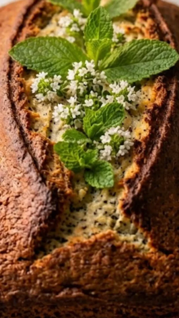 Nahaufnahme von Zitronenkuchen mit Sauerteig — Fokus auf den tiefen Riss mit sichtbaren Mohnsamen und Kräuterkörnern
