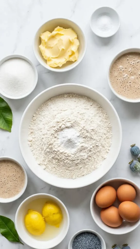 Zutaten für Zitronenkuchen mit Sauerteig: Weizenmehl, weiche Butter, Zucker, Sauerteigstarter, Eier, Bio-Zitronen und Blaumohn