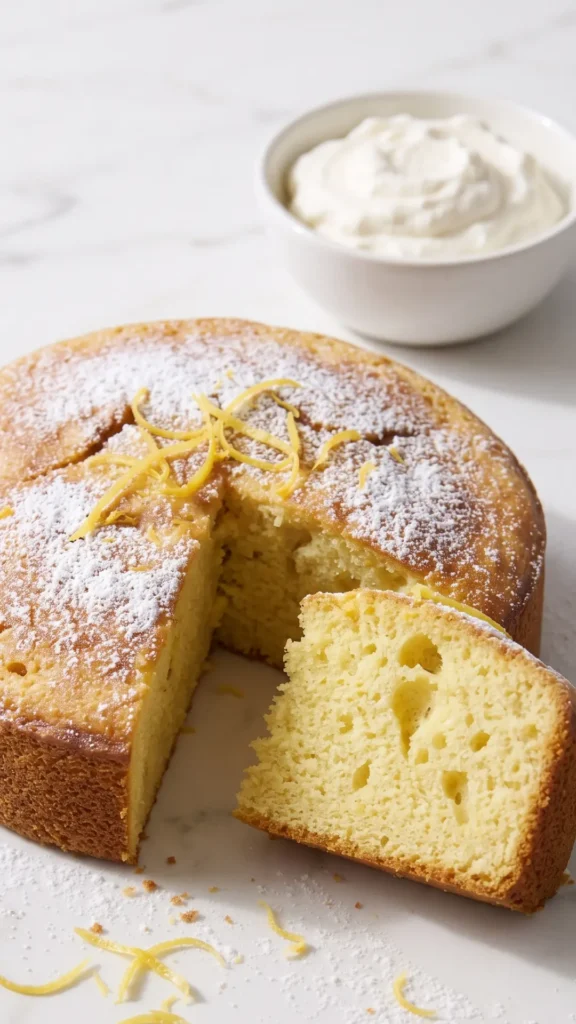 Zitroniger Kuchen im Airfryer in Scheiben serviert mit Schlagsahne — frisches Sommer-Dessert