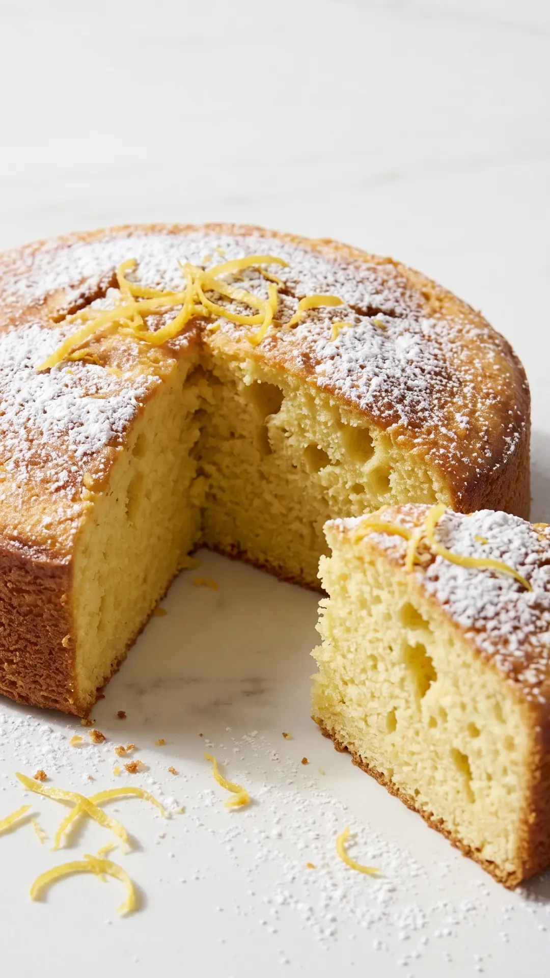 Saftiger Zitronenkuchen aus der Heißluftfritteuse aus der Froschperspektive — gelbe Krume mit Puderzucker