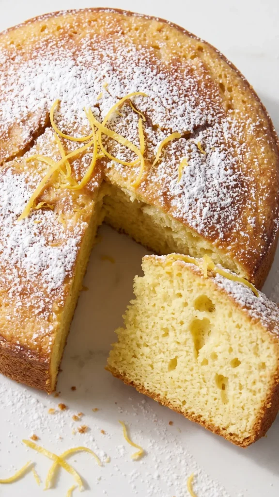 Makro-Nahaufnahme von zitronigem Airfryer-Kuchen — saftige Krume mit Puderzucker und gelben Zitronenzesten