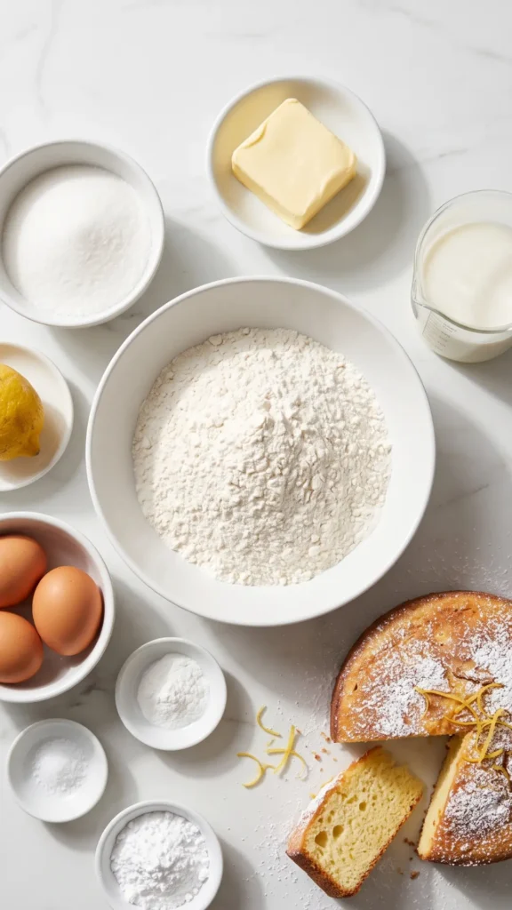 Zutaten für zitronigen Kuchen im Airfryer: Mehl, Zucker, Butter, Eier, Zitrone, Milch und Backpulver