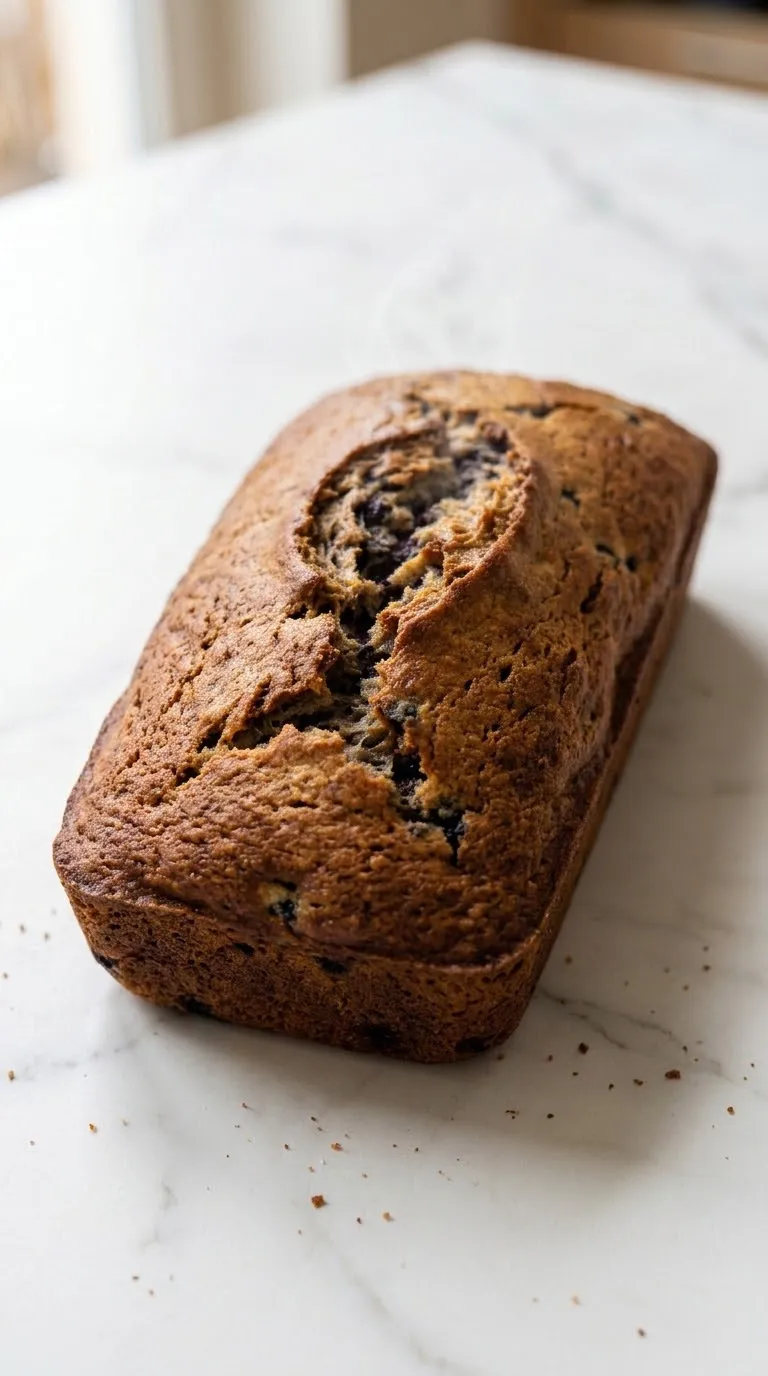 Veganer Bananen-Heidelbeer-Kuchen frisch gebacken aus der Froschperspektive — plastische Ansicht des saftigen Rührkuchens.