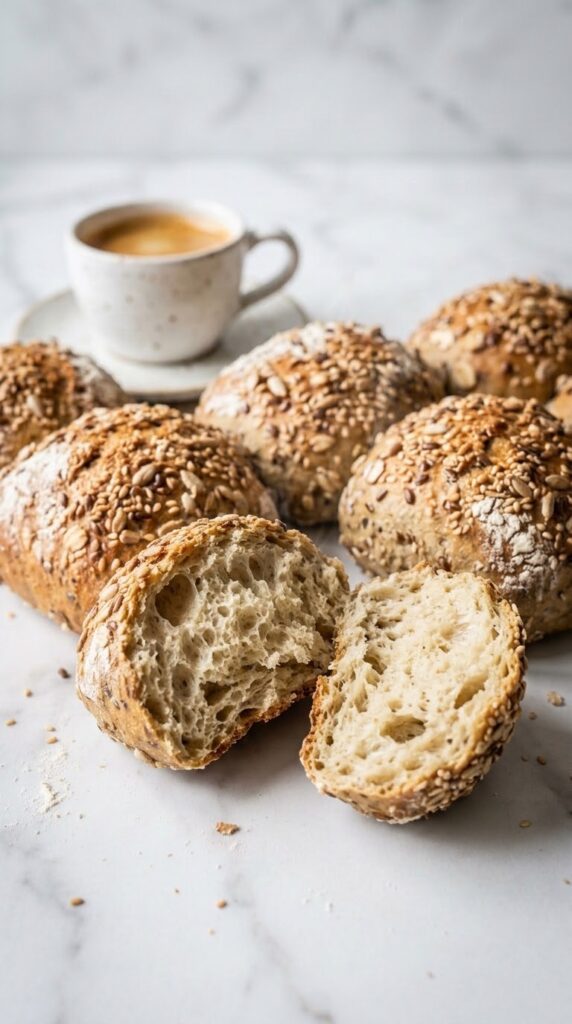 Körnerbrötchen nach Paniniart serviert mit Espresso — ein aufgebrochenes Brötchen zeigt die fluffige, saftige Krume von innen.