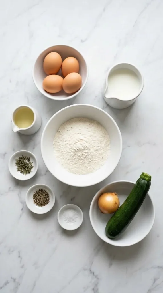 Zutaten für herzhafte Zucchini-Pfannkuchen: Mehl, frische Eier, Milch, eine grüne Zucchini, eine Zwiebel und Gewürze auf Marmor.
