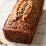 Veganer Bananen-Heidelbeer-Kuchen frisch gebacken — saftiges, dunkel-goldbraunes Kastenbrot auf weißem Marmor.