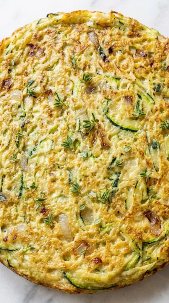 Nahaufnahme von Zucchini-Pfannkuchen — detaillierte Struktur der goldgelben Eierkuchenoberfläche mit feinen Zucchiniraspeln.