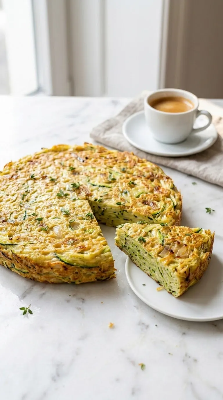 Zucchini-Pfannkuchen serviert mit Espresso — ein herrlich saftiger Gemüsepfannkuchen auf edlem weißen Marmoruntergrund.
