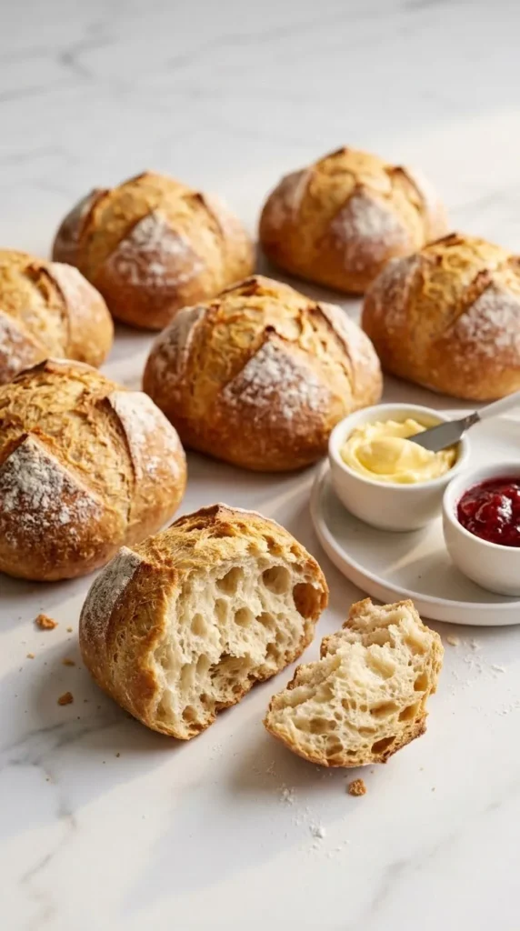 Brötchen über Nacht serviert mit Butter und fruchtige Marmelade — ein aufgebrochenes Brötchen zeigt die luftige Krume.