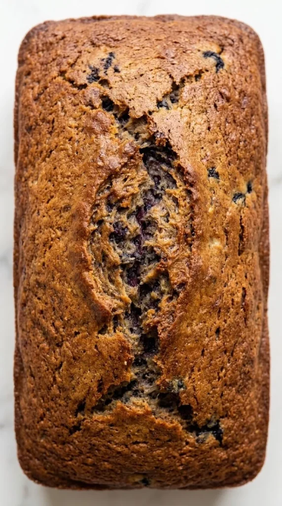 Nahaufnahme von veganem Bananen-Heidelbeer-Kuchen — präzise Details der goldbraun karamellisierten Rührteigkruste.