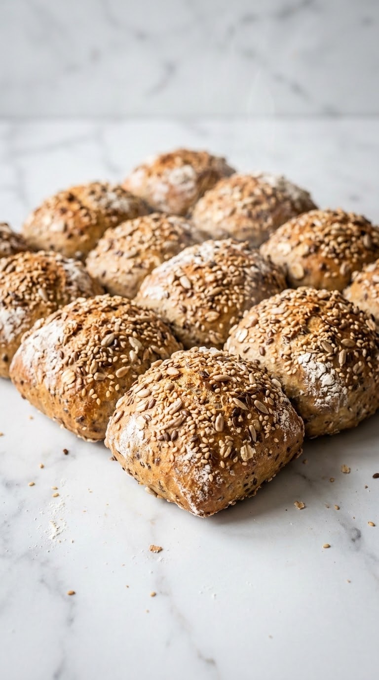 Körnerbrötchen nach Paniniart frisch gebacken — knusprige Mehrkornbrötchen mit reichem Saatenbelag auf weißem Marmor.