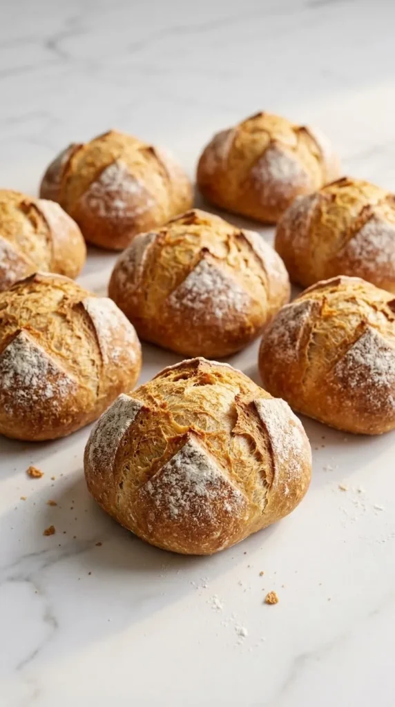 Nahaufnahme von Brötchen über Nacht — detailreiche Struktur der bemehlten, aufgerissenen Brötchenkruste.
