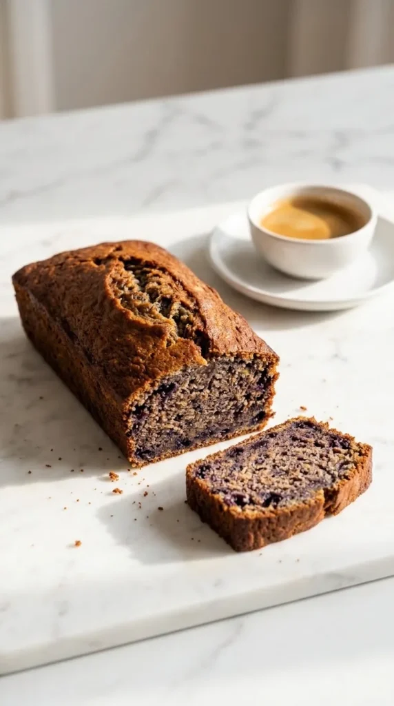Veganer Bananen-Heidelbeer-Kuchen serviert mit Espresso — eine abgeschnittene saftige Kuchenscheibe zeigt das softe Innere.