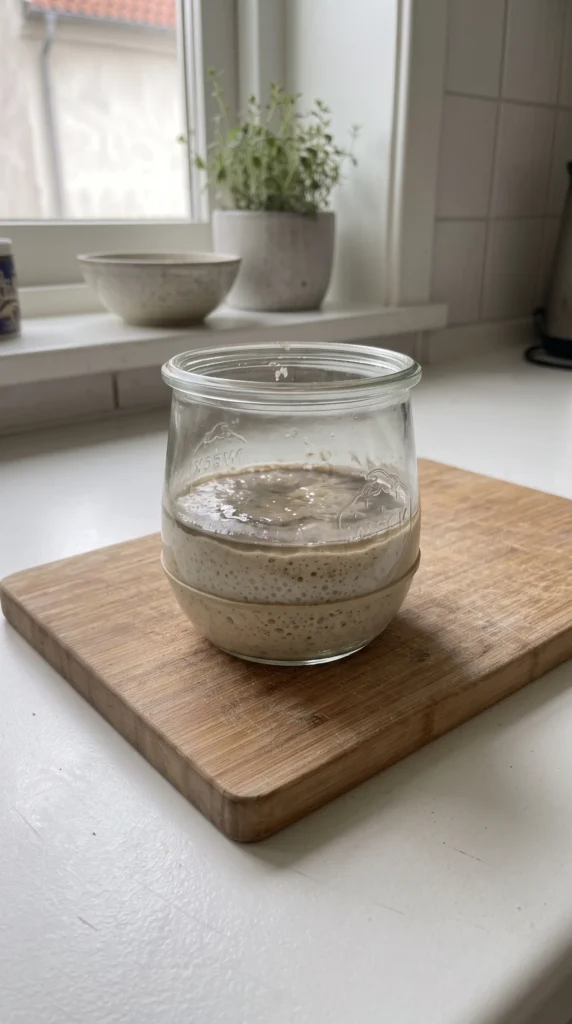 Träges Anstellgut im Glas mit flacher Oberfläche und dunkler Flüssigkeitsschicht durch falsche Kältelagerung.