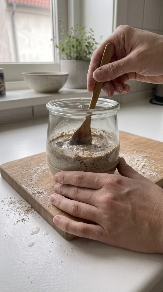 Frisches Mehl und Wasser werden mit einem Löffel in das Anstellgut eingerührt zur warmen Reaktivierung.