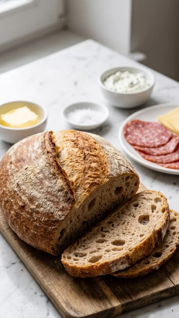 Airfryer-Weizenbrot Scheibe serviert mit frischer Butter, Meersalz und Kräuterquark.