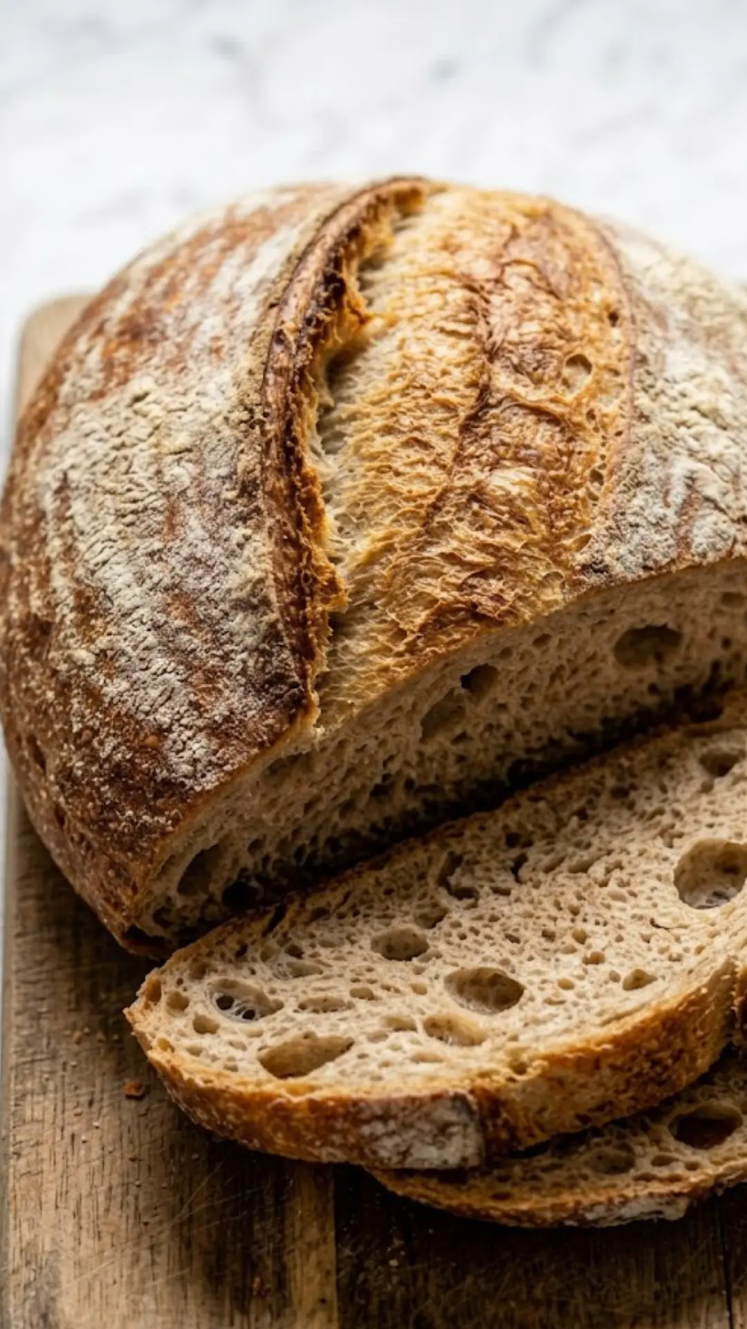 Frisch gebackenes Weizenbrot aus der Heißluftfritteuse, knusprig goldbraun auf einem Holzbrett angeschnitten.