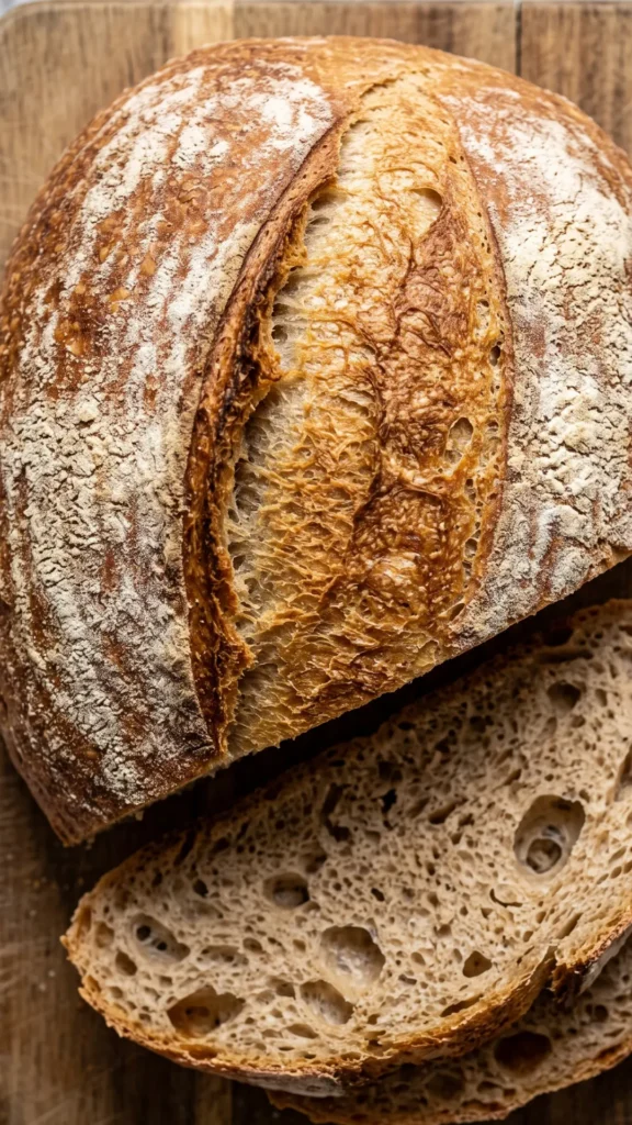 Nahaufnahme der feinporigen Weizenbrot-Krume und der mehlbestäubten Airfryer-Kruste.