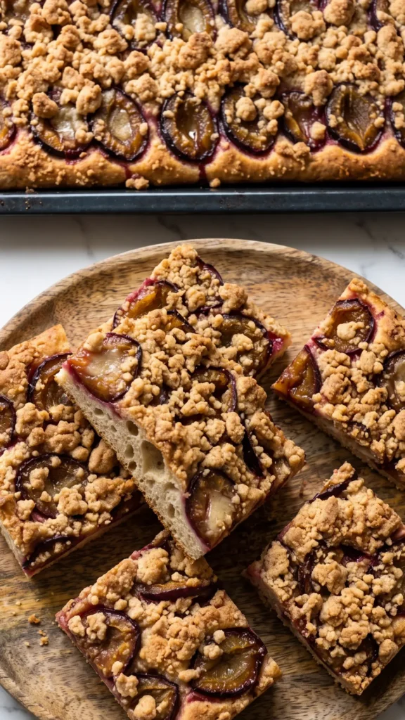 Nahaufnahme vom Zwetschgendatschi — dichte Pflaumenschicht, knusprige Zimtstreusel und schmelzendes Marzipan.