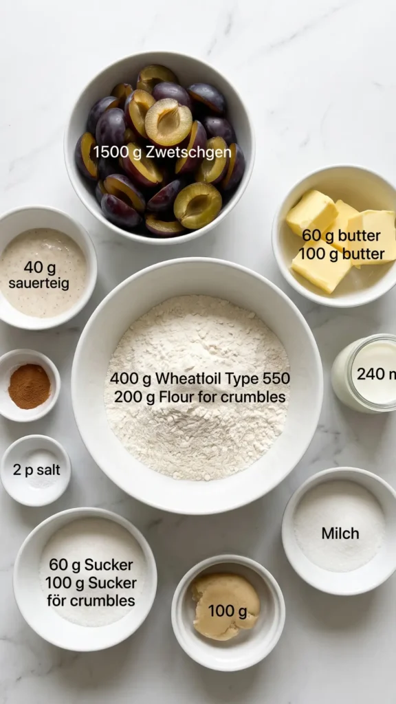Zutaten für Zwetschgendatschi mit Sauerteigboden: Mehl, Sauerteigstarter, Zwetschgen, Butter, Milch, Zucker, Marzipan und Zimt-Streusel.