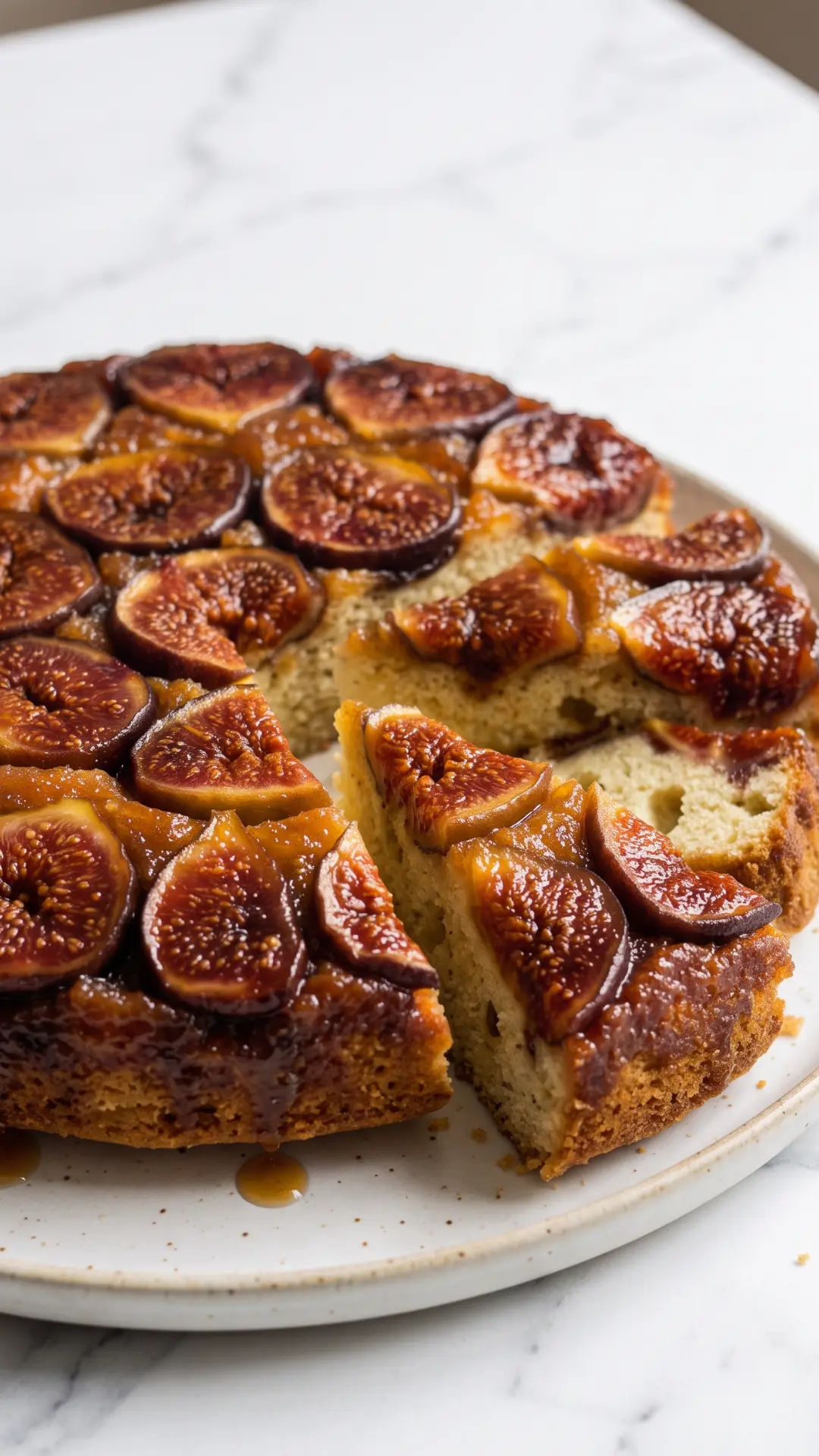 Französischer gestürzter Feigenkuchen frisch gebacken mit karamellisierten Feigen und glänzendem Zuckerguss.
