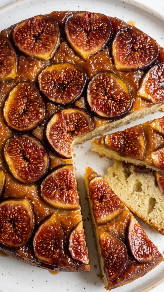 Nahaufnahme der karamellisierten Feigen-Oberfläche des gestürzten Rührkuchens mit feinen Fruchtsäften.