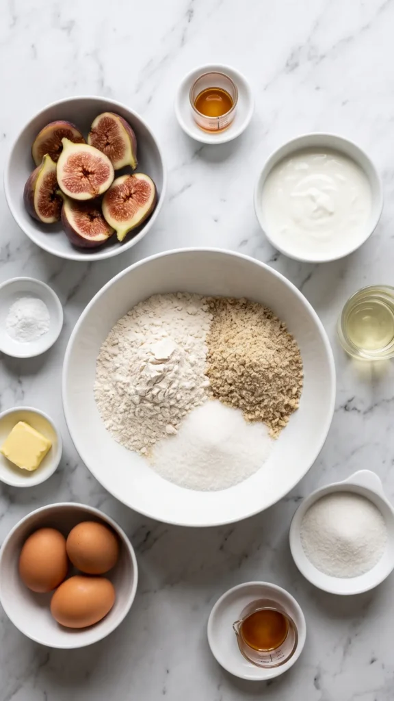 Zutaten für französischen Feigenkuchen: Mehl, gemahlene Mandeln, Zucker, frische Feigen, Joghurt, Öl und Eier.