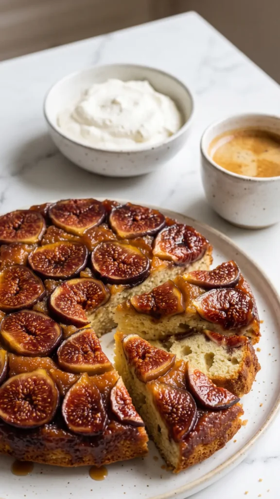 Ein Stück gestürzter Feigenkuchen serviert mit frisch geschlagener Sahne und Espresso.