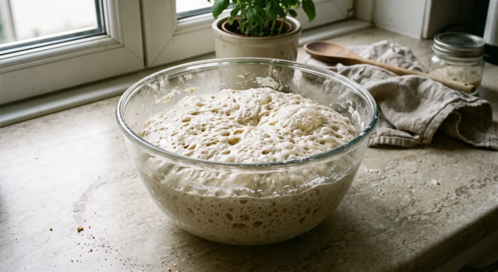 Perfekt aufgegangener Sauerteigteig mit vielen Blasen und einer gewölbten Oberfläche in der Schüssel.