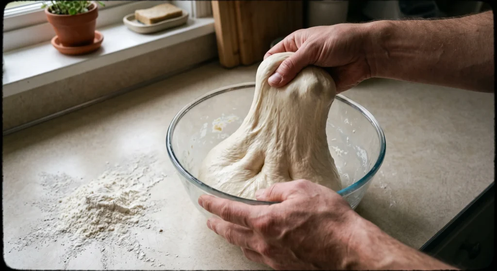 Hände dehnen und falten den Sauerteigteig in einer Schüssel, um das Glutengerüst zu stärken.