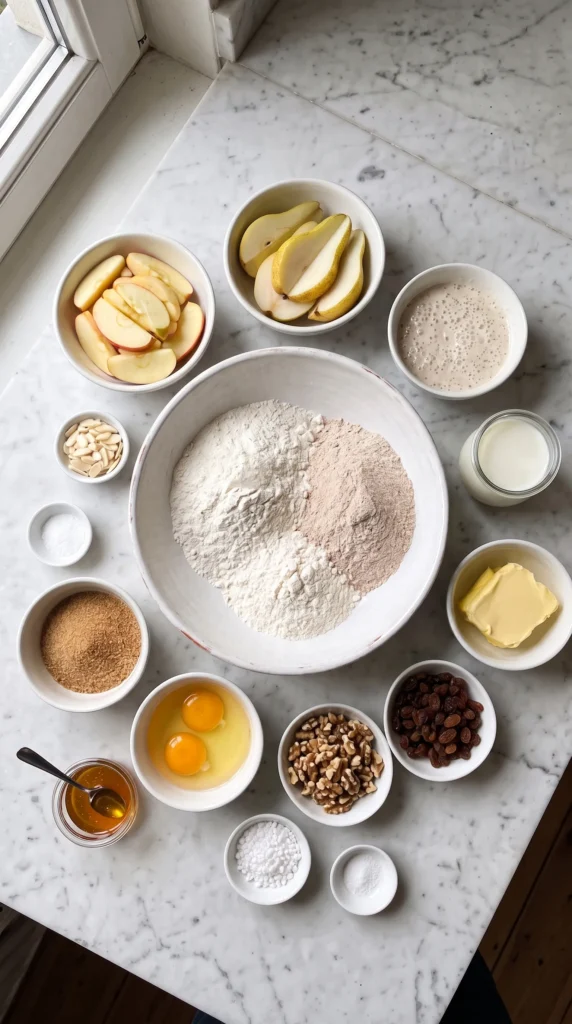Zutaten für Apfel-Birnen-Kuchen aus Sauerteig: Dinkelmehle, Sauerteig-Anstellgut, Äpfel, Birnen, Butter, Milch, Eier, Walnüsse, Sultaninen, Mandelstifte und Hagelzucker.