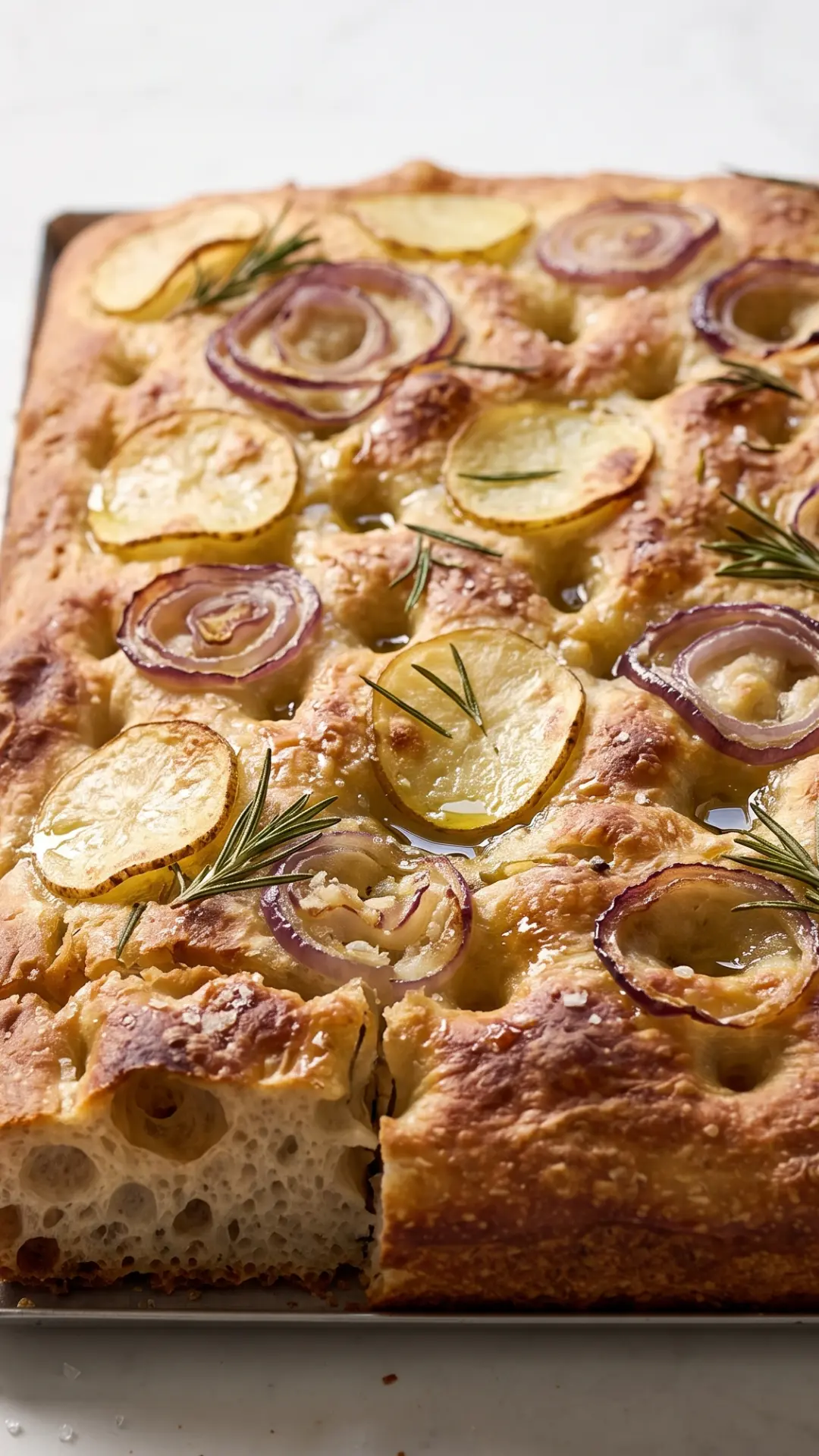 Herzhafte Sauerteig-Focaccia frisch gebacken mit knusprigen Kartoffelscheiben, roten Zwiebeln und Rosmarin.