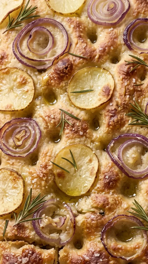 Nahaufnahme der Sauerteig-Focaccia — tief eingedrückte Mulden, knusprige Kartoffelränder und Olivenöl.