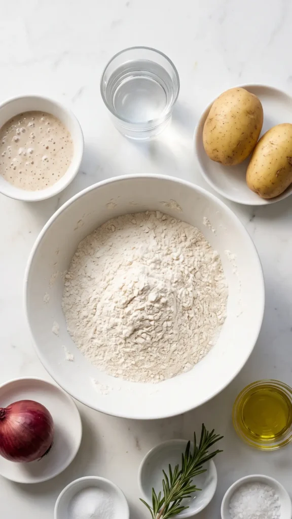 Zutaten für Sauerteig-Focaccia mit Kartoffeln und roten Zwiebeln: Mehl, Sauerteigstarter, Kartoffeln, rote Zwiebel, Olivenöl, Rosmarin und grobes Salz.