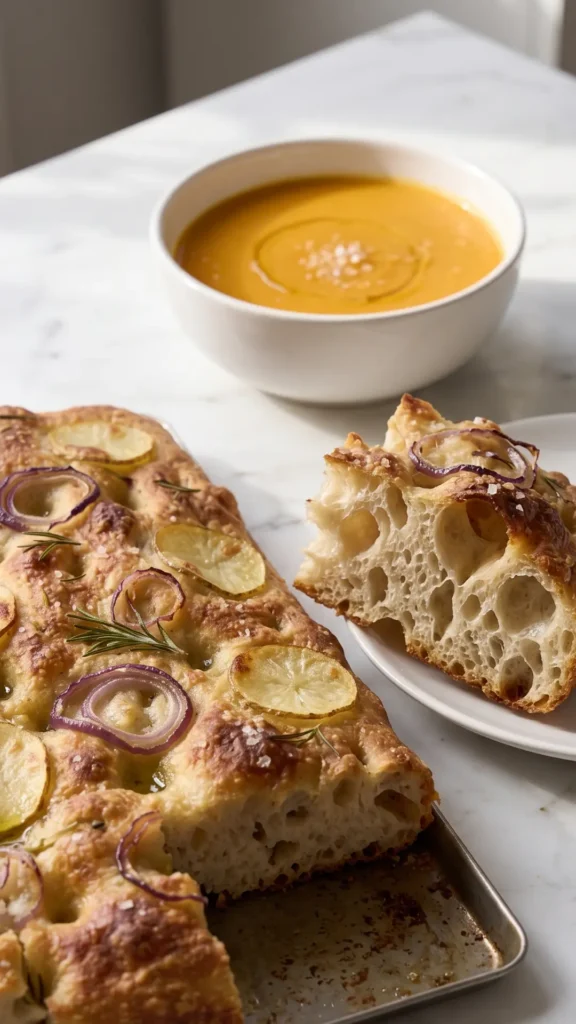 Kartoffel-Sauerteig-Focaccia Stück abgebrochen serviert mit Kürbissuppe und Olivenöl.