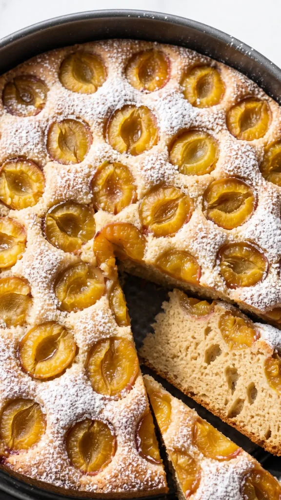 Nahaufnahme der Mirabellenkuchen-Oberfläche mit gebackenen Fruchthälften und feiner Puderzuckerbestäubung.