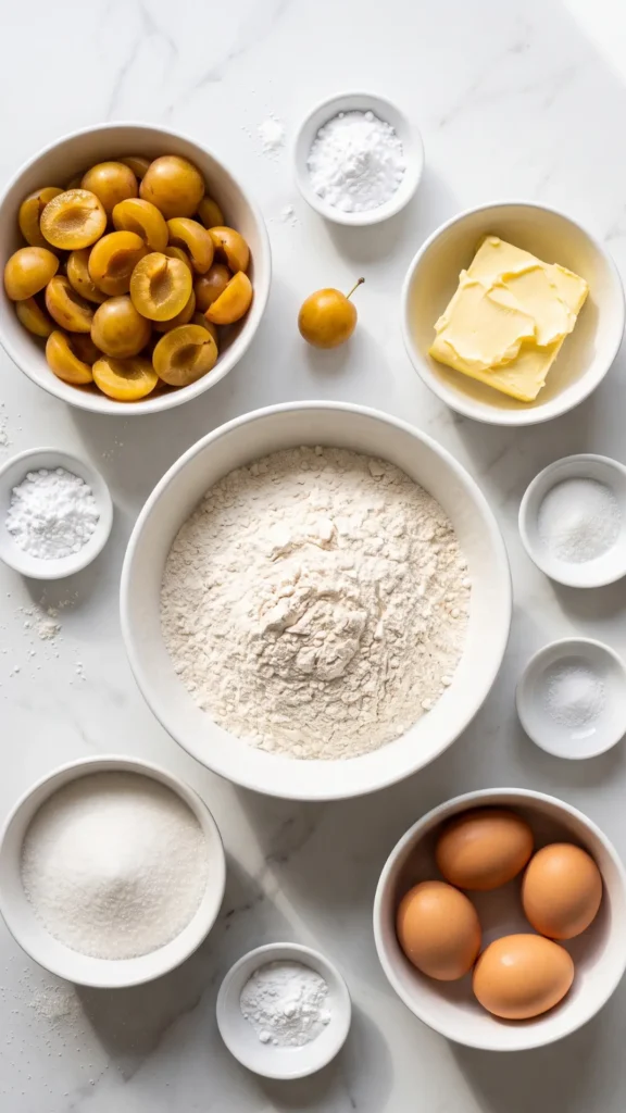Zutaten für klassischen Mirabellenkuchen: Weizenmehl, Mirabellen, Butter, Zucker, Eier, Vanillezucker, Backpulver und Puderzucker.