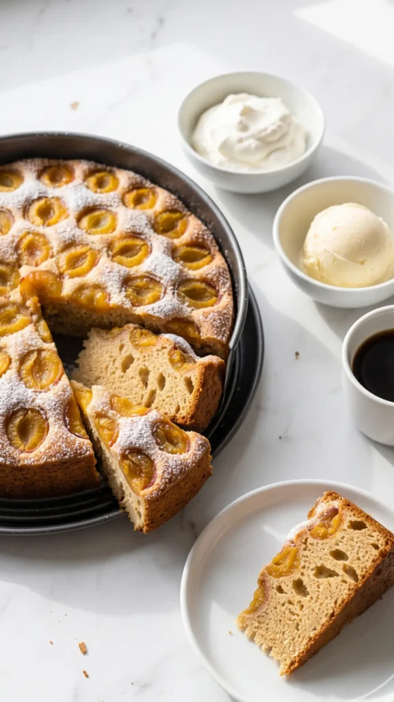 Ein Stück Mirabellenkuchen serviert mit frisch geschlagener Schlagsahne und Filterkaffee.