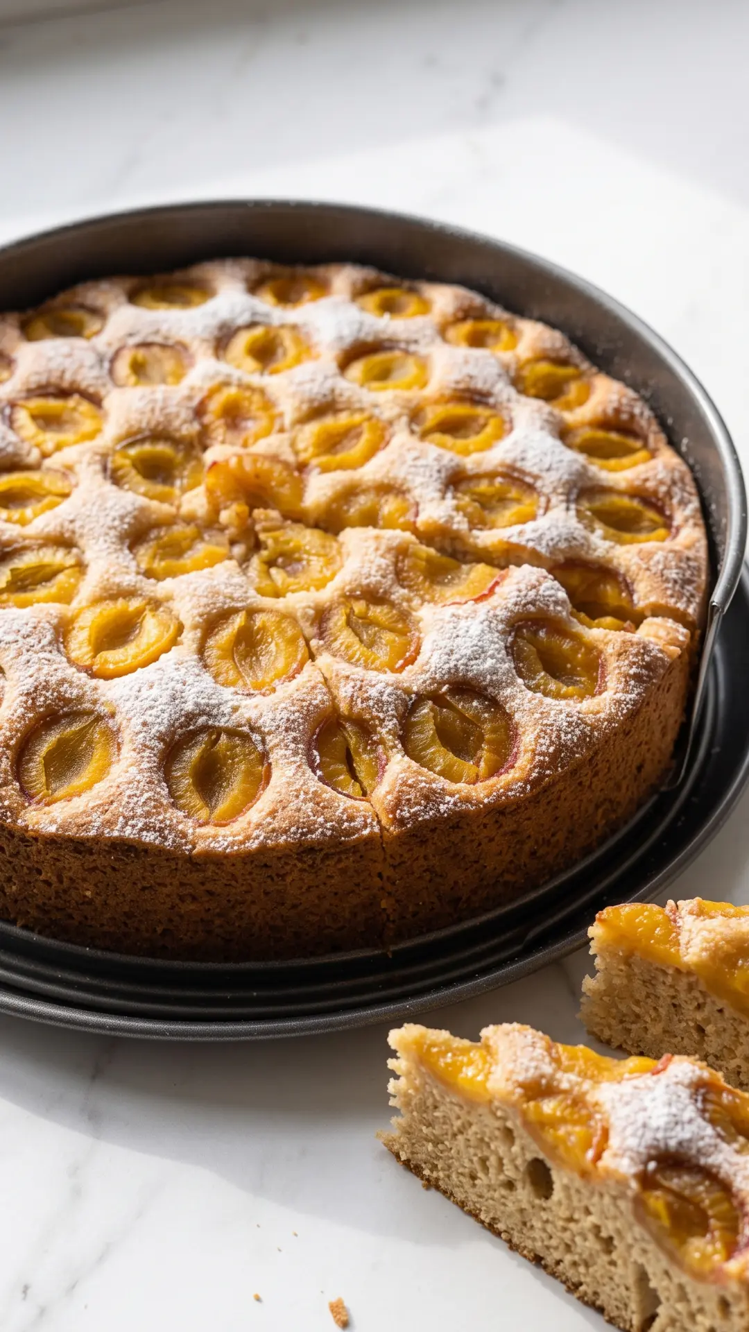 Klassischer Mirabellenkuchen frisch aus der Springform mit Puderzucker bestäubt und zwei angeschnittenen Stücken.