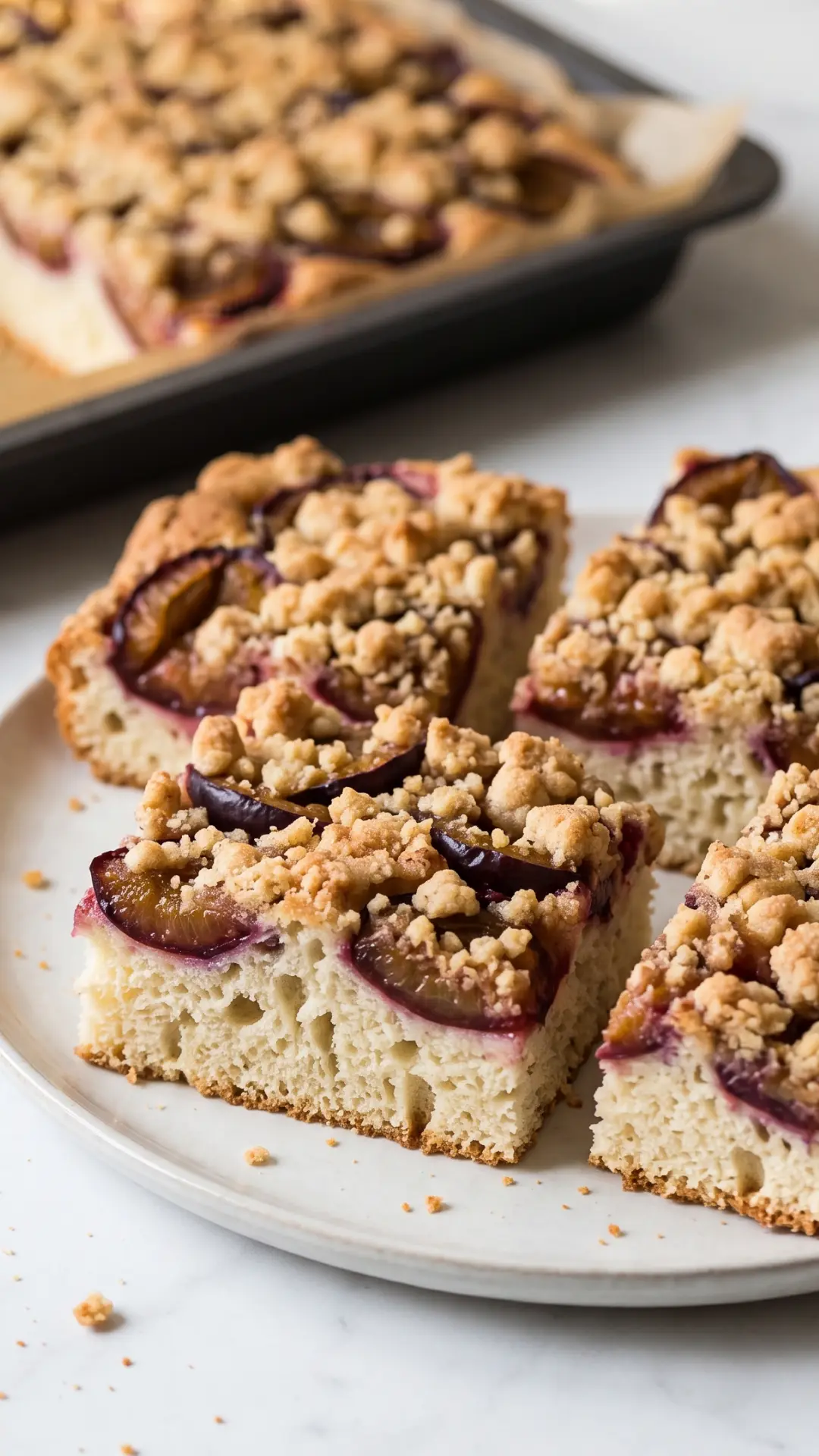 Klassischer Zwetschgenkuchen mit Knusper-Zimtstreuseln frisch vom Blech, in Stücke geschnitten.