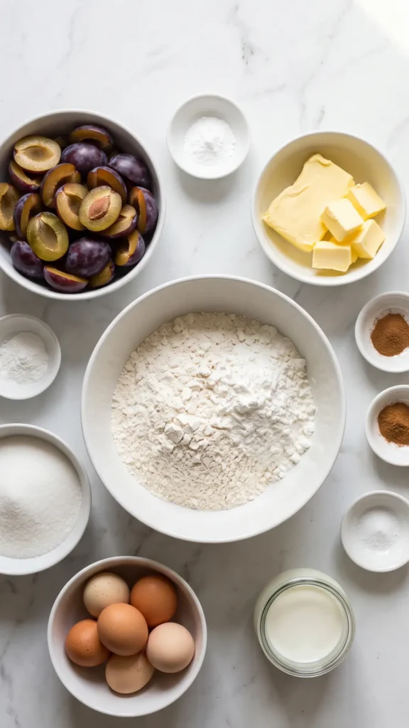 Zutaten für klassischen Zwetschgenkuchen mit Streuseln: Mehl, Speisestärke, Zwetschgen, Butter, Zucker, Eier, Milch und Zimt.