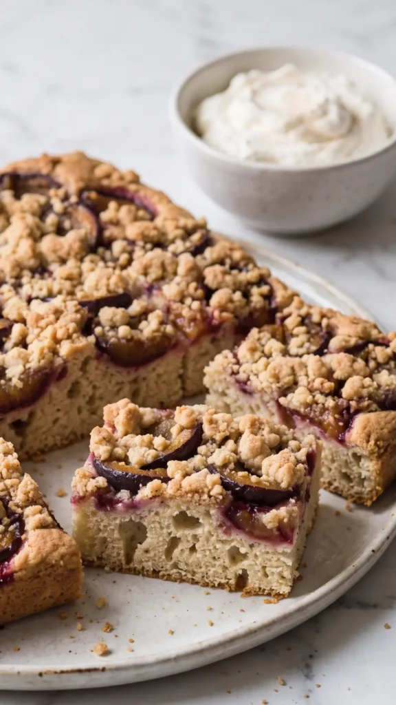 Zwetschgenkuchen-Stück serviert mit frisch geschlagener Sahne und einer Tasse Filterkaffee.
