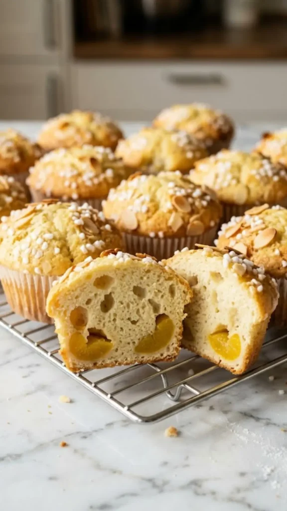 Nahaufnahme der Mirabellen-Muffin Oberfläche mit gerösteten Mandelblättchen und Hagelzucker.