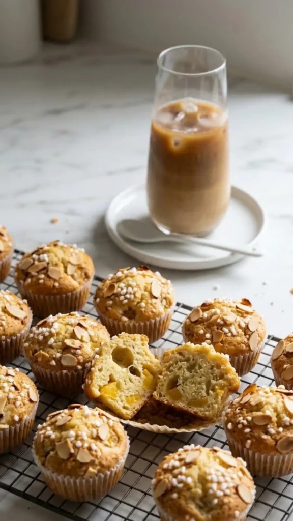 Halbierter Mirabellen-Muffin serviert neben einer frischen Tasse Kaffee.